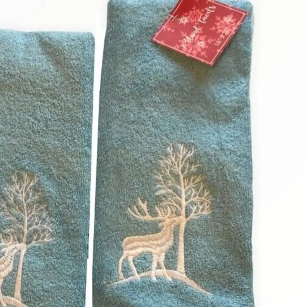 Christmas Tree Reindeer Hand Towels Holiday Embroidered Blue White Set of 2
